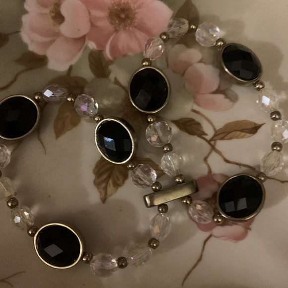 3 Beaded Stretchy Bracelets. Black and Black and Faux Clear Crystal Bracelets. - Picture 2 of 3